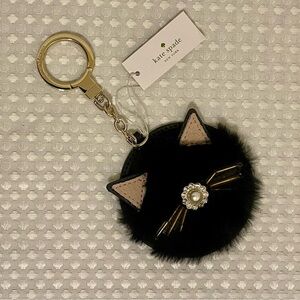 KATE SPADE Star Bright Cat Key Fob Bag Charm Black Leather Faux Fur NWT Retired